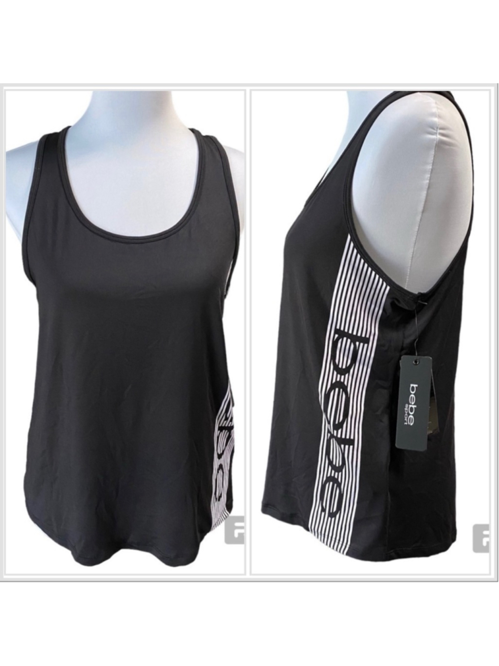 Bebe logo black white Racerback tank top NWT size small